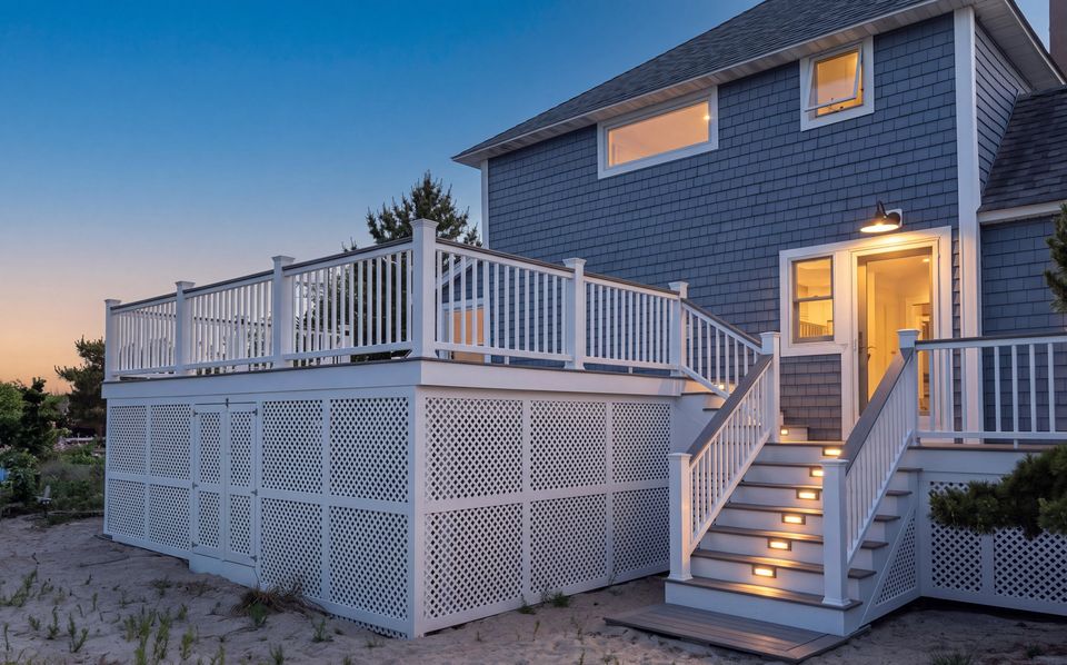 Raised deck with white rails, lattice skirting, and lit stair risers at dusk