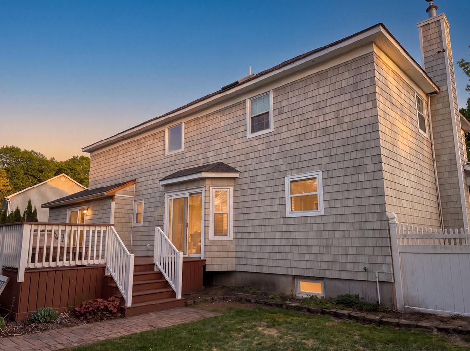 Rear of the rebuilt house in cedar shake at golden hour, with the deck and lit windows